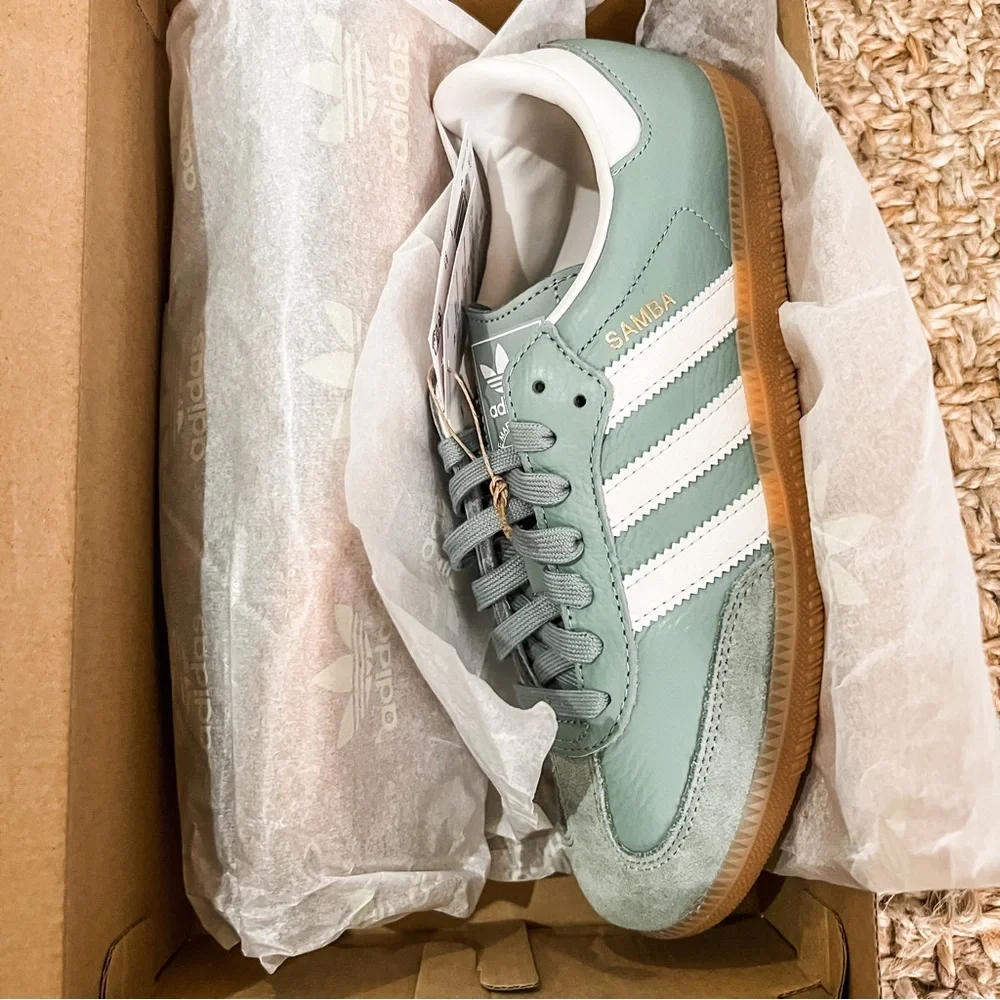 NWT Adidas Samba OG Originals Silver Green Sneakers Size Women’s 6.5 - Picture 7 of 15